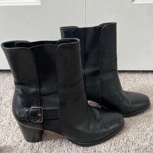 Cole Haan Black Block Heel Boots Elastic Panels Leather Buckle